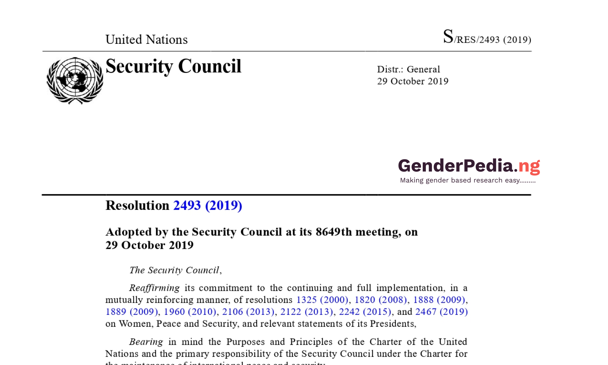 United Nations Security Council Resolution 2019(2493) – Genderpedia.ng